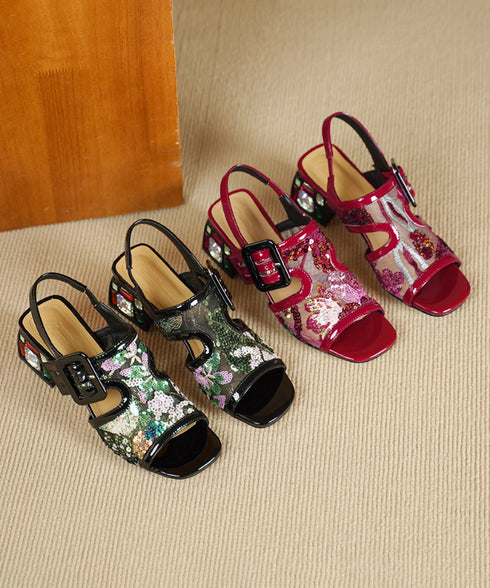 Gem Buckle Mesh Sequin Sandals